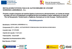 Cartel instalación fotovoltaica 470 kWp Serrería Larrañaga